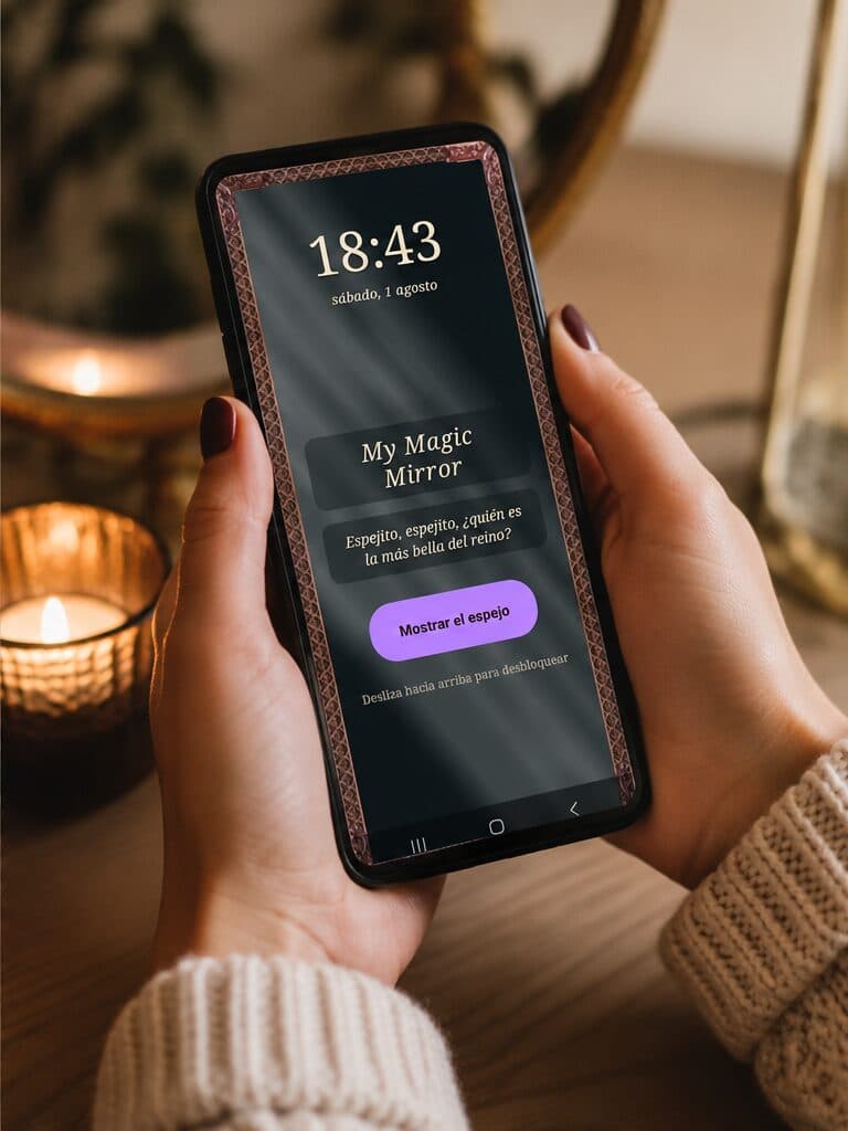 Pantalla de bienvenida de My Magic Mirror con la hora y una frase personalizada, sostenido con una mano